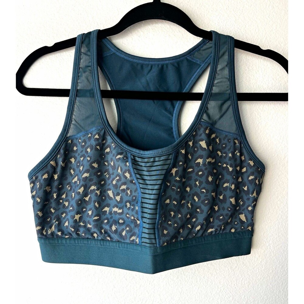 Zyia Active Womens M Blue Gold Animal Print Racerback Sports Bra Wireless